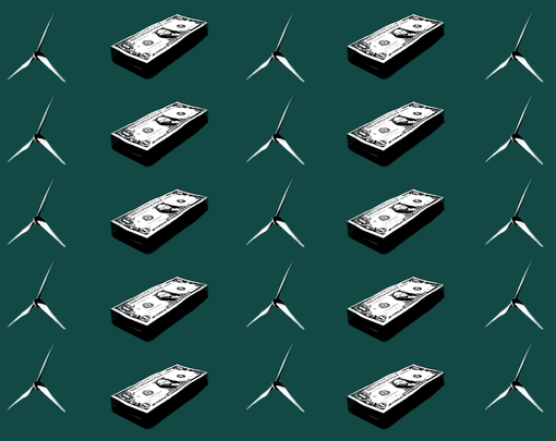 wind turbines and stacks of cash are displayed over a dark, forest green background