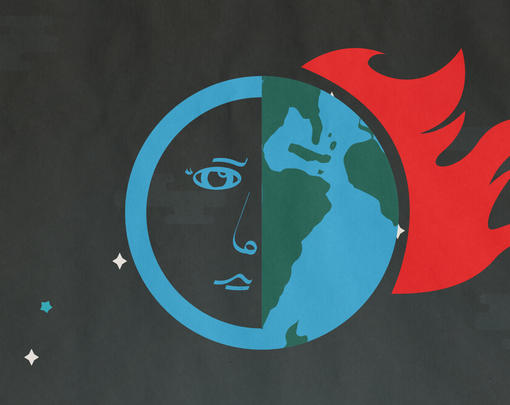 A blue and green sphere hangs in space, the sphere is divided down the middle with a human face on the left, a world on fire on the right.