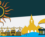 Lots of elements of a community powered by sustainable energy: solar, wind, and more.